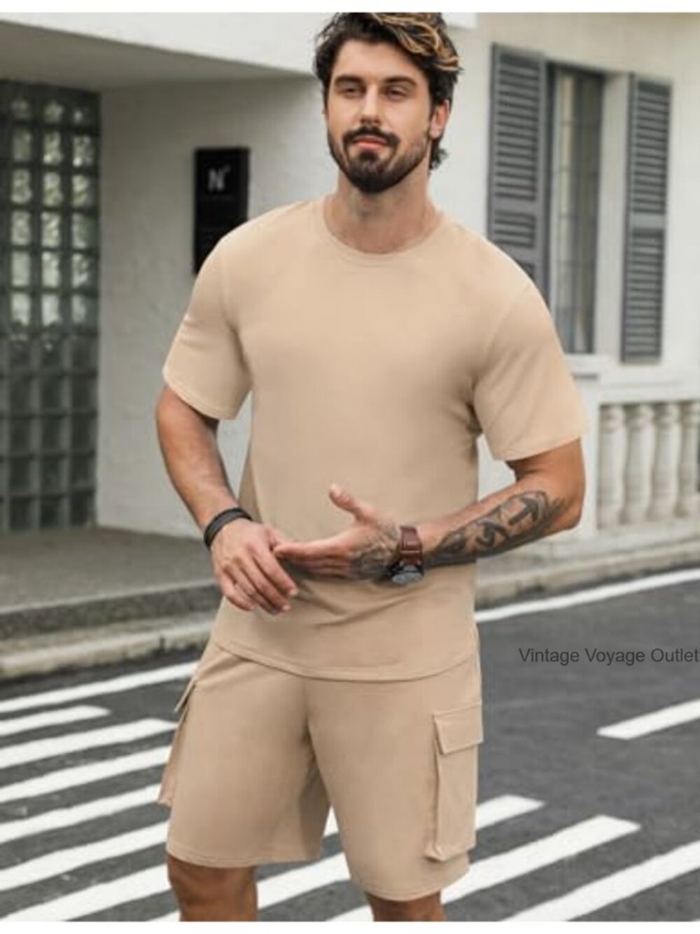 Men's 2 Piece Short Sleeve Tee & Drawstring Cargo Shorts Set - Picture 2 of 5